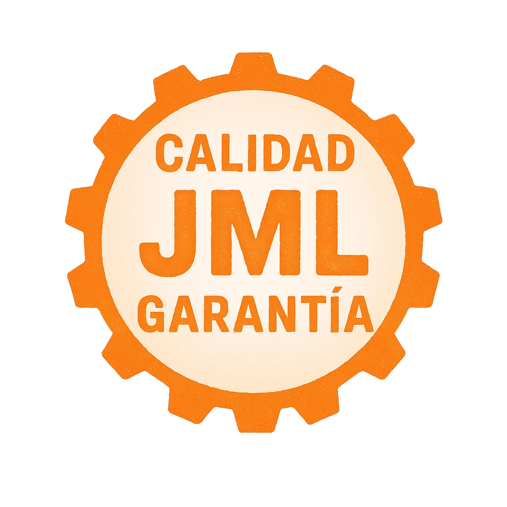 Sello de garantía de calidad JML en color naranja degradado con estilo estampado, sobre fondo transparente