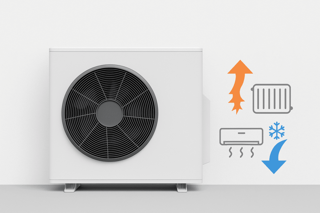 Bomba de calor aerotérmica exterior instalada en pared blanca, junto a esquema explicativo del sistema de calefacción y refrigeración doméstica