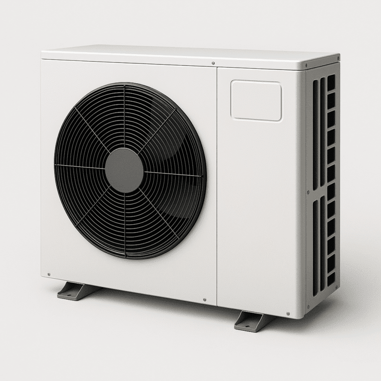 Unidad exterior de bomba de calor aerotérmica blanca, con ventilador frontal negro y carcasa metálica, utilizada para calefacción, refrigeración y agua caliente sanitaria.